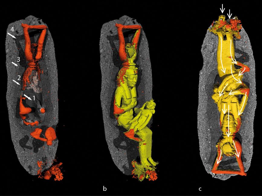 Rekonstruktion des Inneren der Gussform für eine Statuette der Göttin Isis mit dem Horuskind im µCT. Rekonstruktion des Inneren der Gussform für eine Statuette der Göttin Isis mit dem Horuskind im µCT.