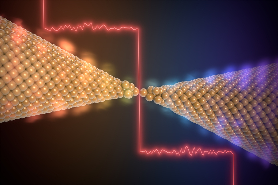 Künstlerische Sicht auf die thermische Leitwertquantisierung in einem atomar dünnen Goldkontakt. Künstlerische Sicht auf die thermische Leitwertquantisierung in einem atomar dünnen Goldkontakt.